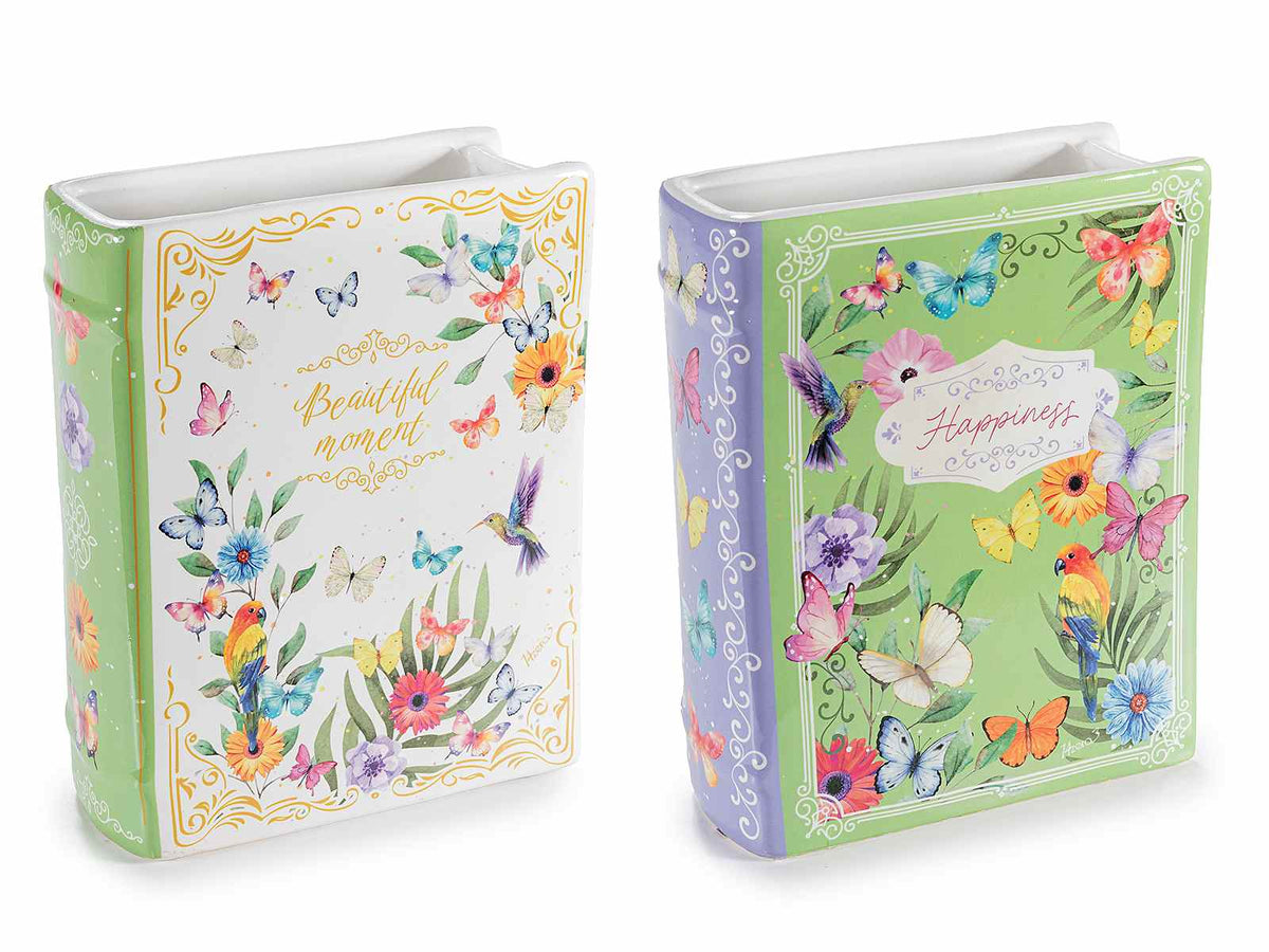Vasi a forma di libro in ceramica lucida con decori fiori e farfalle, set da 2 pezzi, cm 16 x 6 x 20 H