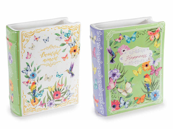 Vasi a forma di libro in ceramica lucida con decori fiori e farfalle, set da 2 pezzi, cm 16 x 6 x 20 H