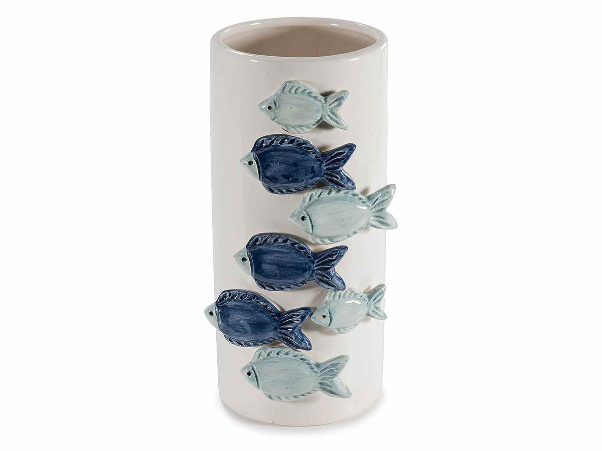 Vasi mare in ceramica bianca lucida con pesci colorati in rilievo, set da 2 pezzi, cm 10 x 11 x 22 H