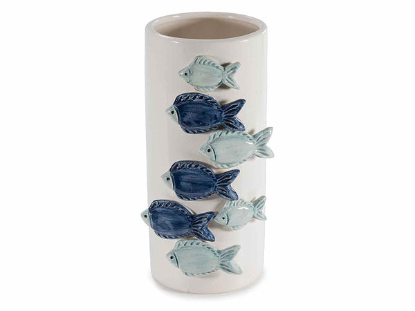 Vasi mare in ceramica bianca lucida con pesci colorati in rilievo, set da 2 pezzi, cm 10 x 11 x 22 H