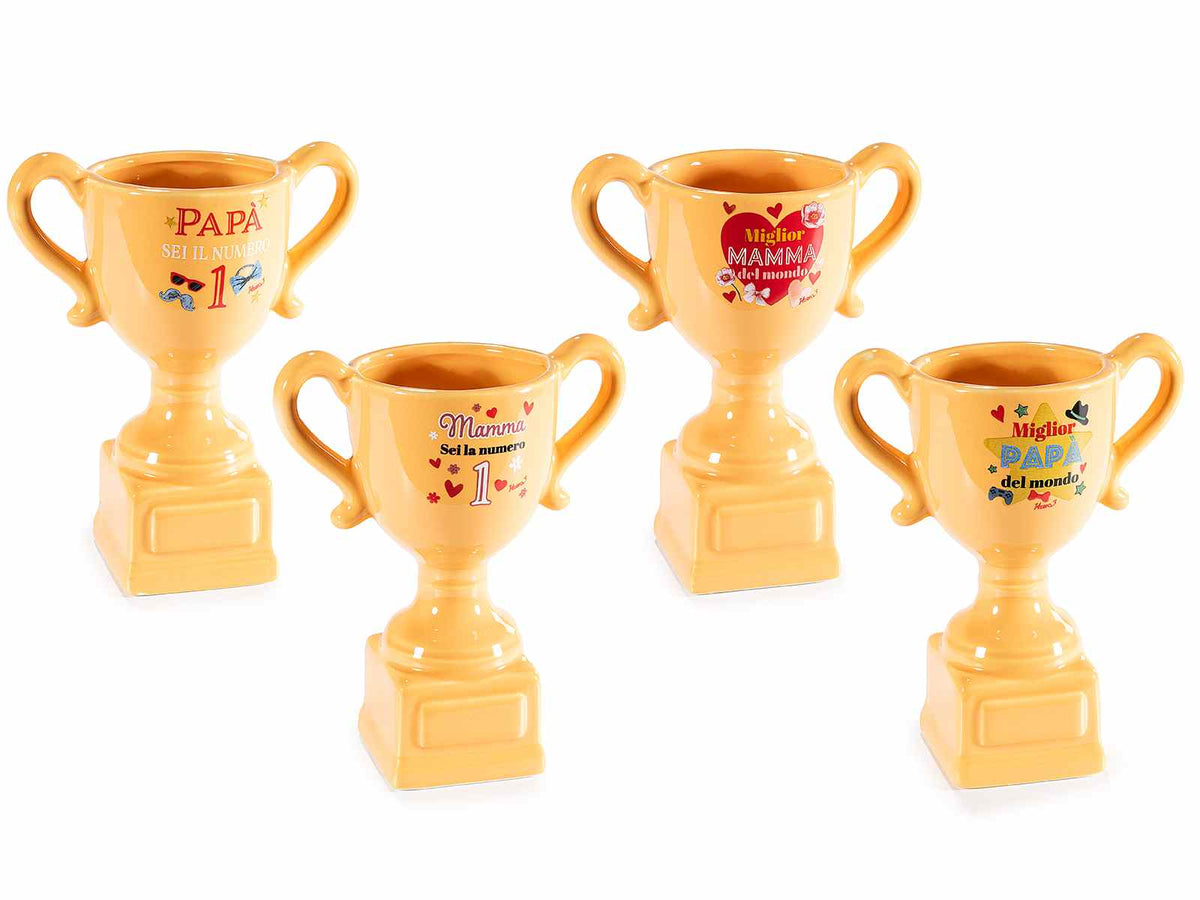 Coppe decorative in ceramica lucida con scritte per la festa della mamma, set da 4 pezzi, cm 12 x 7 x 14,5 H