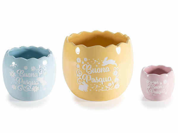 Vasi pasquali in ceramica colorata a forma di uovo con scritta Buona Pasqua, set da 2 pezzi, Grande: Ø 16 cm x 13 H