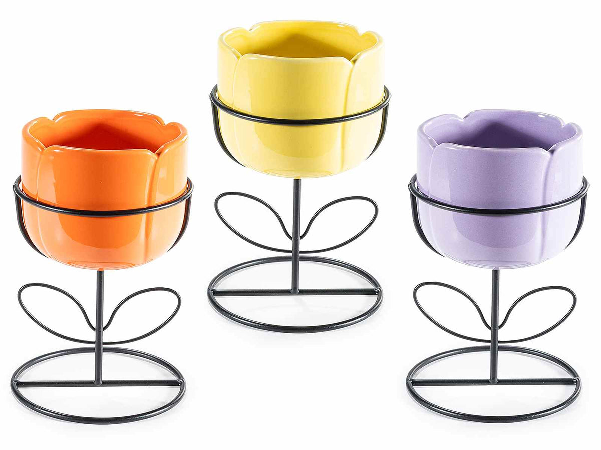 Vasi in ceramica colorata a tulipano su base a stelo in metallo nero, set da 6 pezzi, Ø 11,5 cm x 17,5 H