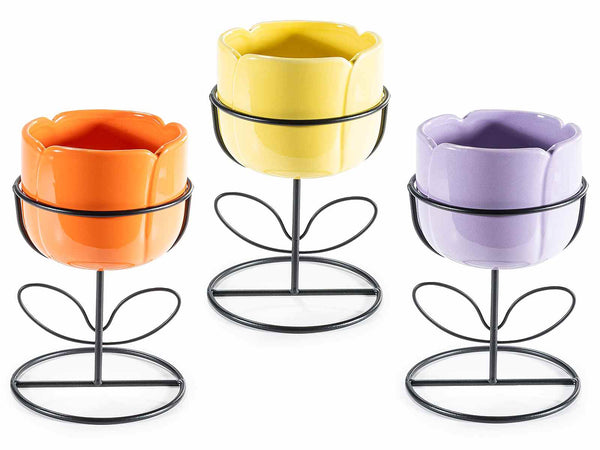 Vasi in ceramica colorata a tulipano su base a stelo in metallo nero, set da 6 pezzi, Ø 11,5 cm x 17,5 H