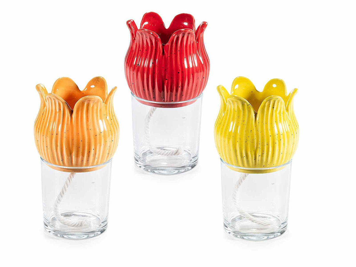 Vasi autoirriganti a forma di tulipano colorato in ceramica e vetro, set da 6 pezzi, Ø 9 cm x 15,5 H