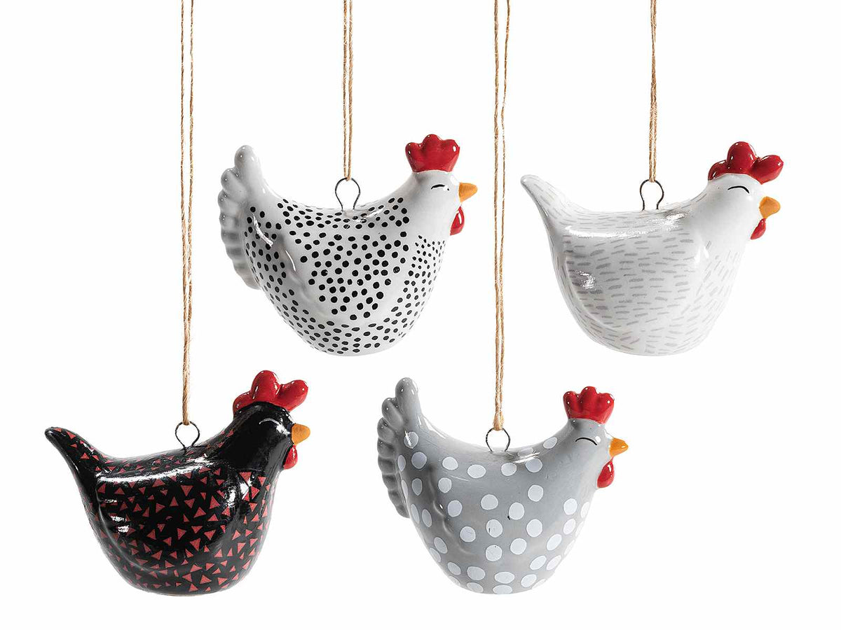 Gallinelle decorative in ceramica colorata da appendere, set da 12 pezzi, cm 3,5 x 6 x 5 H