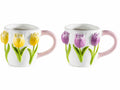 Tazze in ceramica con tulipani colorati in rilievo, set da 4 pezzi, Ø 9 cm x 9,5 H