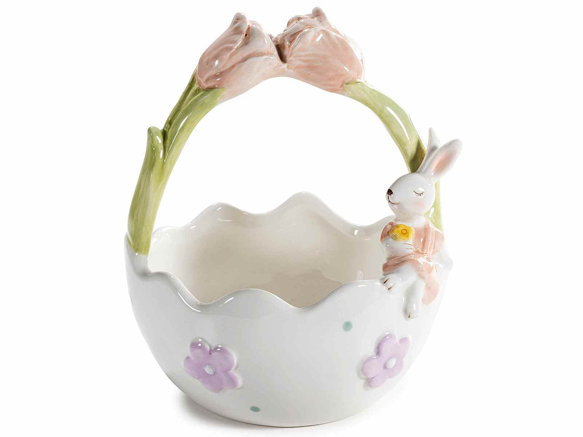 Cestini a forma di uovo pasquale in ceramica con coniglio e fiori in rilievo, set da 2 pezzi, Ø 14 cm x 18,5 H