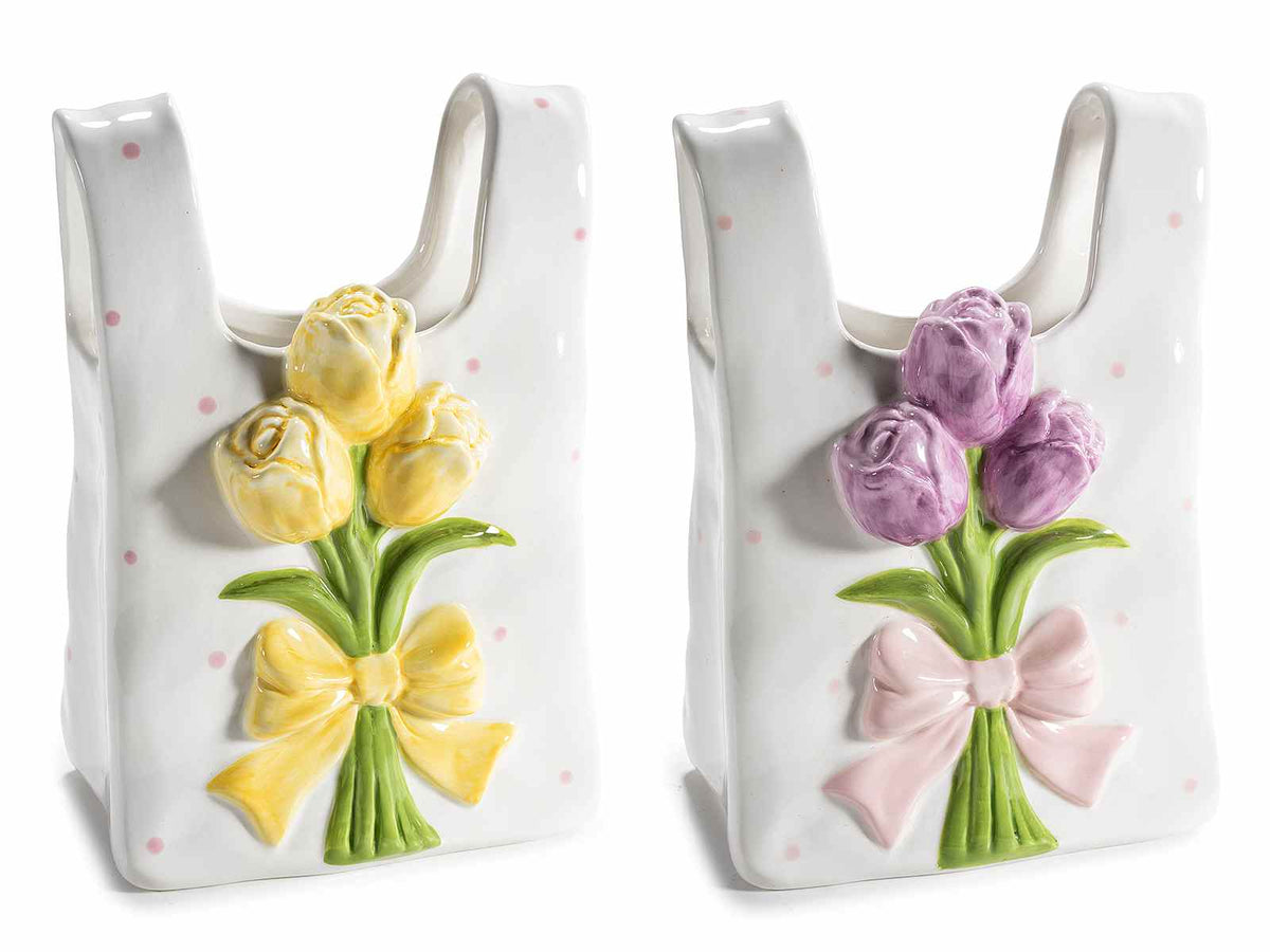 Vasoi in ceramica a borsetta / cestino con tulipani colorati in rilievo, set da 2 pezzi, cm 14,5 x 9,5 x 20,5 H