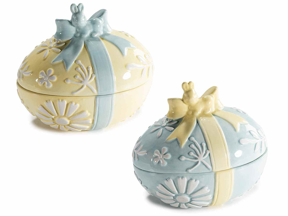 Barattoli / biscottiere / portadolci alimentari in ceramica a forma di uovo, set da 2 pezzi, cm 16 x 12,5 x 14 H