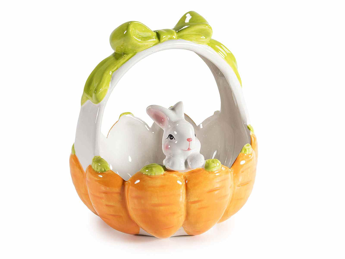 Cestini a contenitori di Pasqua in ceramica colorata con carotine, coniglietto, set da 3 pezzi, cm15x14,5x7H (con manico16)