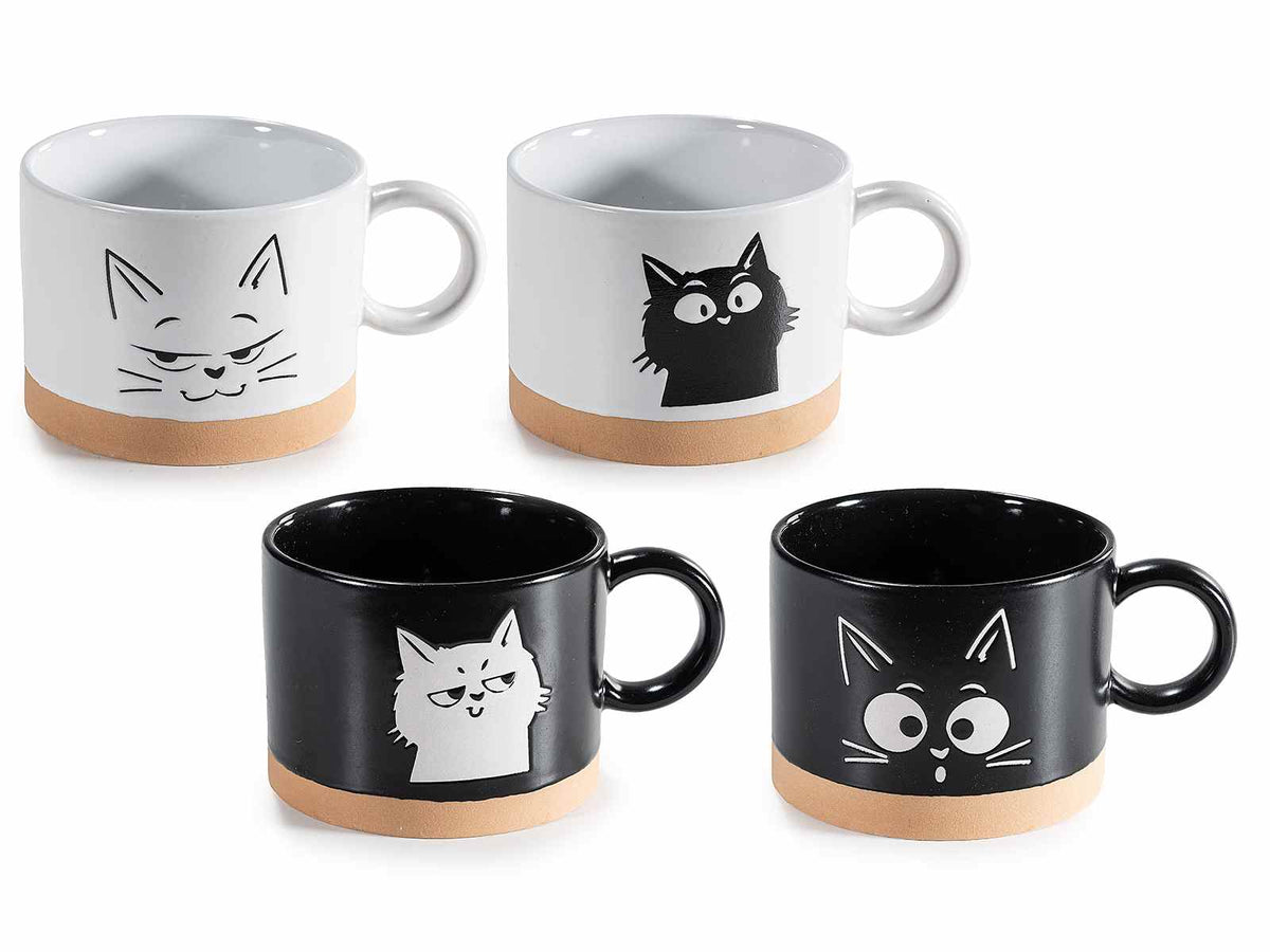 Tazze in ceramica con manico e gatto inciso, set da 8 pezzi, Ø 9,5 cm x 7 H