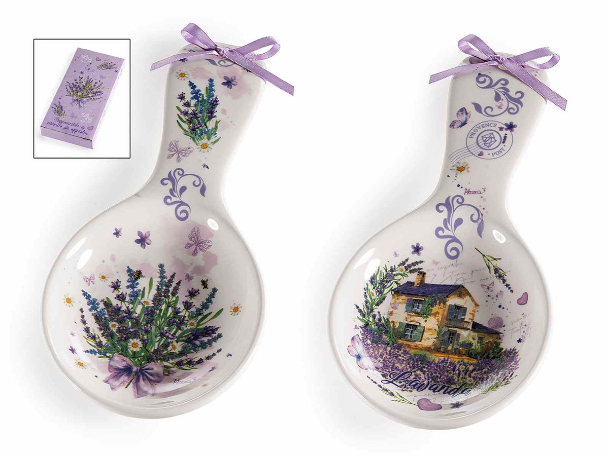 Poggiamestolo in ceramica con decori lavanda e fiocco,in confezione regalo, set da 8 pezzi, cm 11,5 x 24,5 H