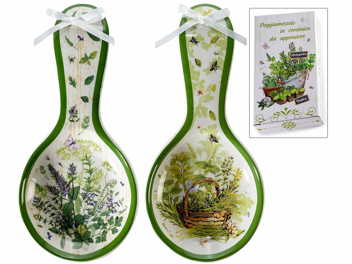 Poggiamestolo in ceramica decori erbe aromatiche e fiocco, in confezione regalo, set da 8 pezzi, cm 11,5 x 24,5 H