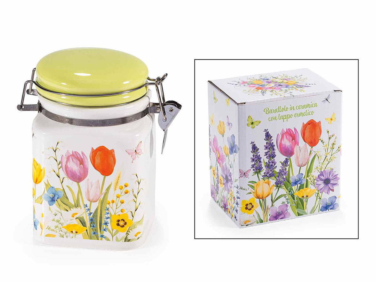 Barattoli adatti al contatto alimentare in ceramica ermetico con decori fiori, set da 4 pezzi, cm 13 x 9,5 x 15 H