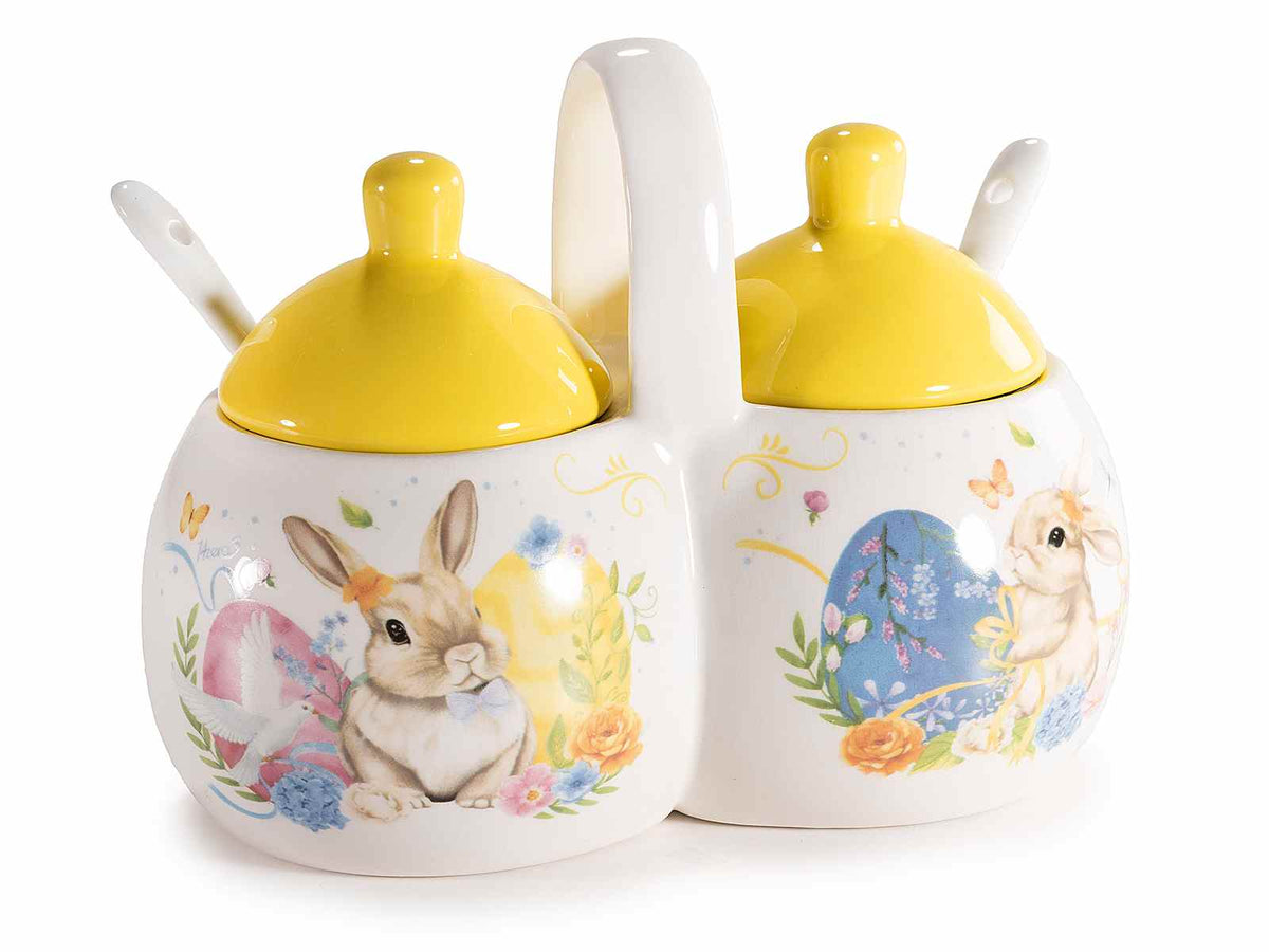 Set cucina a doppia zuccheriera in ceramica colorata con cucchiaini e manico, set da 4 pezzi, cm 16,5 x 9,5 x 12,5 H