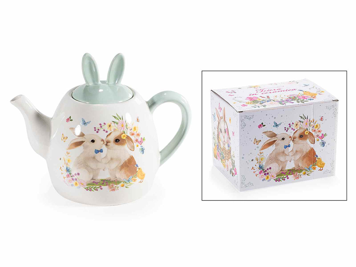 Teiere di Pasqua in ceramica alimentare con coperchio con orecchie, set da 2 pezzi, cm 21,5 x 13,5 x 17,5 H