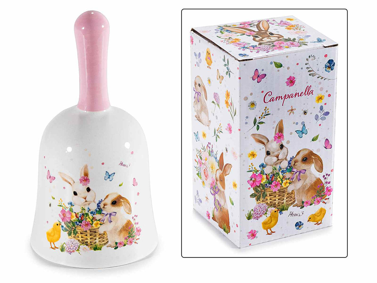 Campanelle in ceramica con decori coniglietti pasquali in confezione regalo, set da 6 pezzi, Ø 7 cm x 13 H