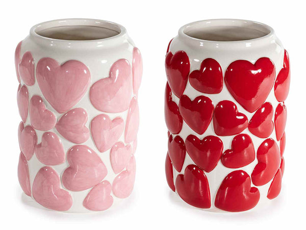 Vasi in ceramica con decori a cuore rosa e rossi in rilievo, set da 2 pezzi, Ø 14,5 cm x 20 H