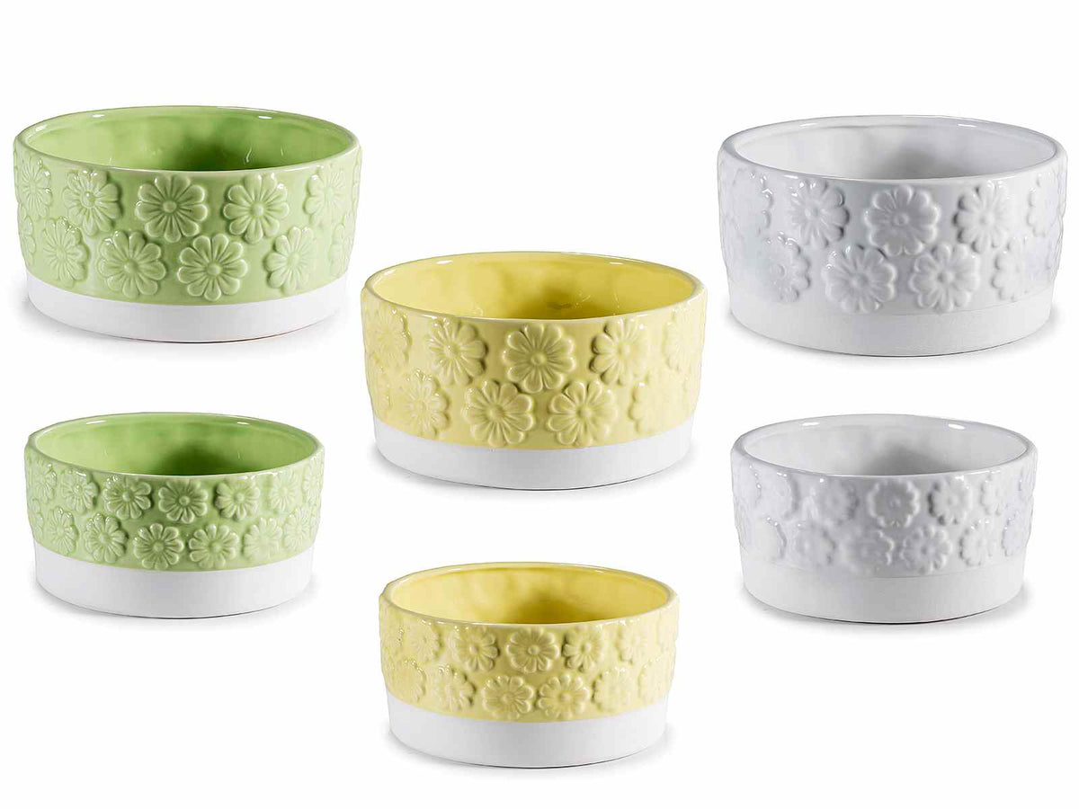 Vasi in ceramica colorata con fiori in rilievo in set da due pezzi, set da 3 pezzi, Grande: Ø 16,5 cm x 8 H