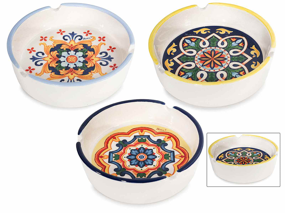 Posacenere in ceramica con stampa maiolica e bordo colorato, set da 6 pezzi, Ø 11,5 cm x 3,5 H