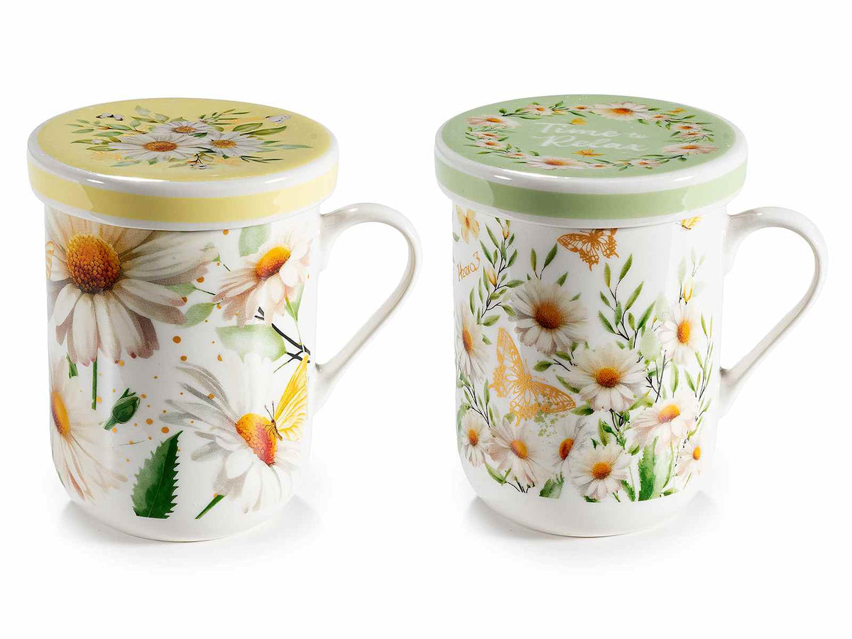Tazze in porcellana con coperchio e decori camomilla, set da 4 pezzi, Ø 7,5 cm x 10,5 H