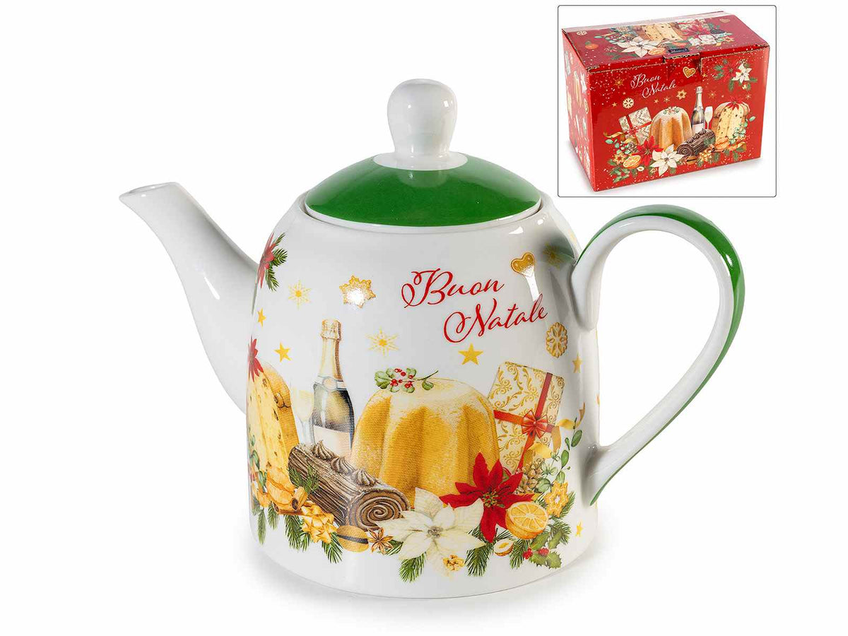 Teiere di Natale in porcellana con stampa dolcetti, scritta Buon Natale, cm 20 x 11 x 14 H