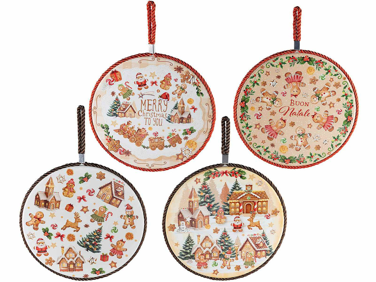 Sottopentola natalizi in ceramica lucida design pan di zenzero con base, set da 4 pezzi, Ø 19 cm