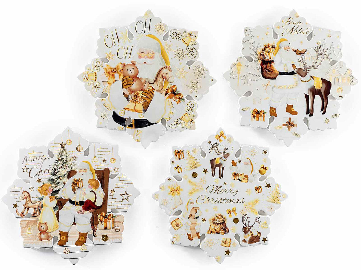 Sottopentola di Natale in ceramica lucida con dettagli oro, in scatola, set da 4 pezzi, cm 20 x 20 H
