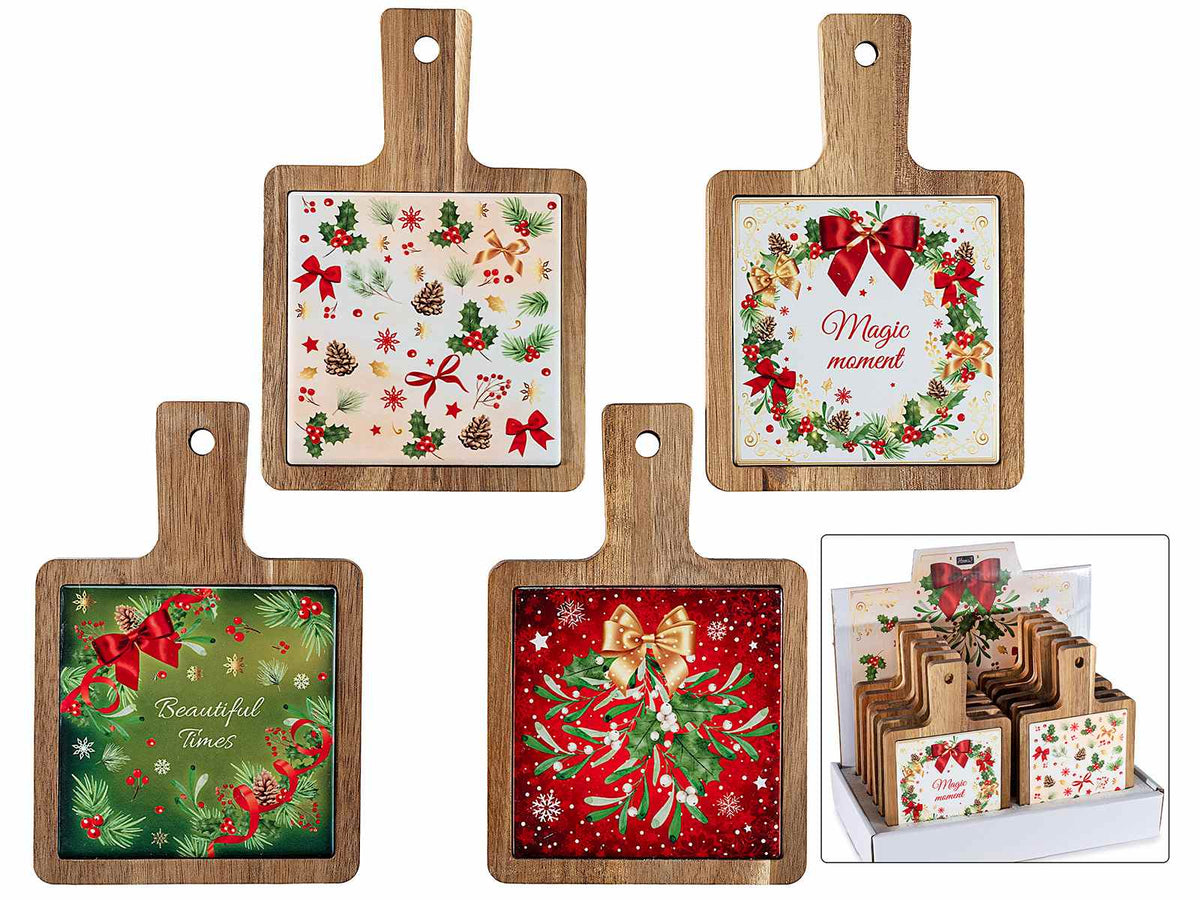 Taglieri natalizi in legno di acacia e ceramica con manico e decori natalizi, set da 12 pezzi, cm 12 x 18 H