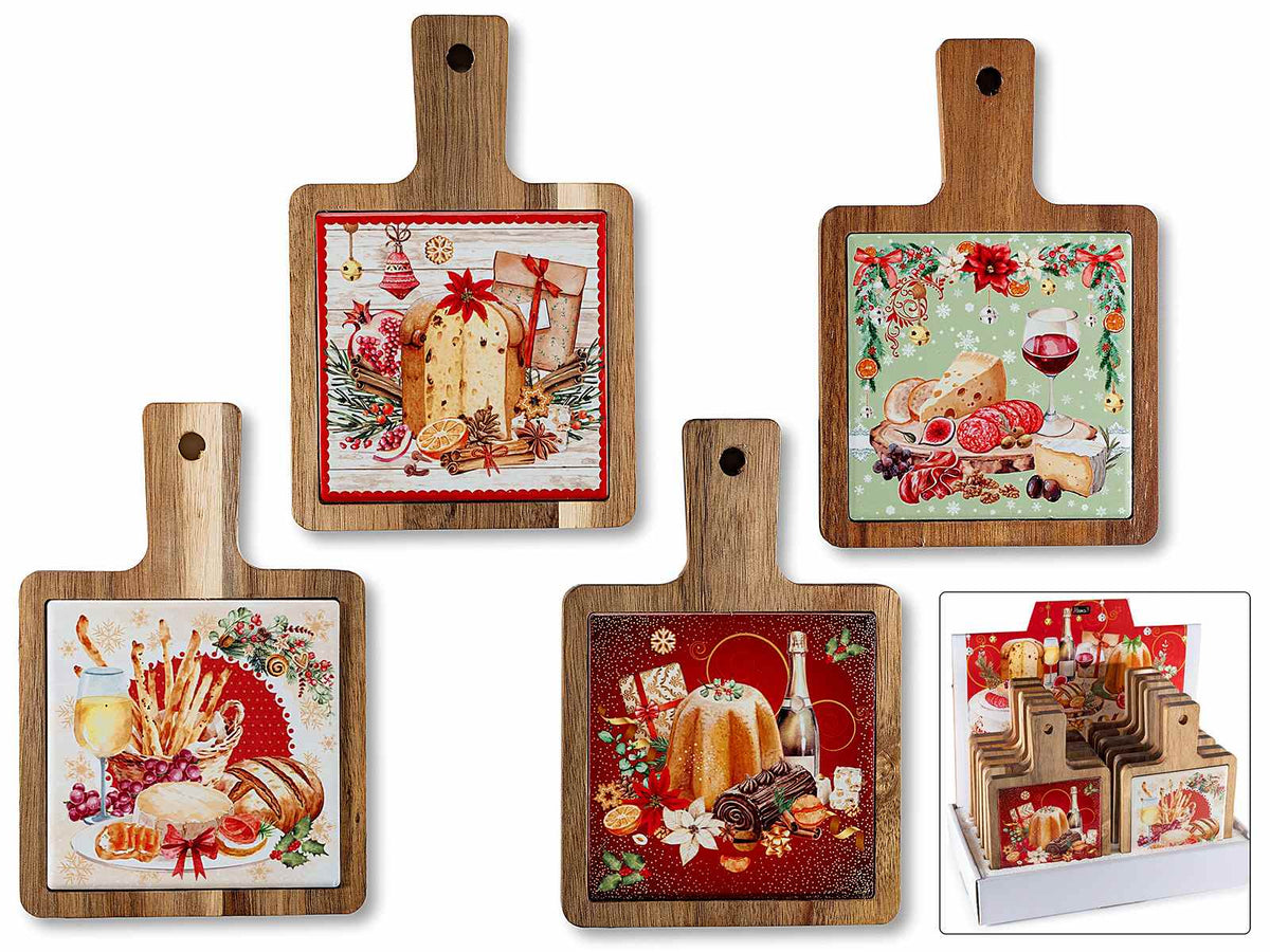 Taglieri natalizi in legno di acacia e ceramica con manico e decori natalizi, set da 12 pezzi, cm 12 x 18 H