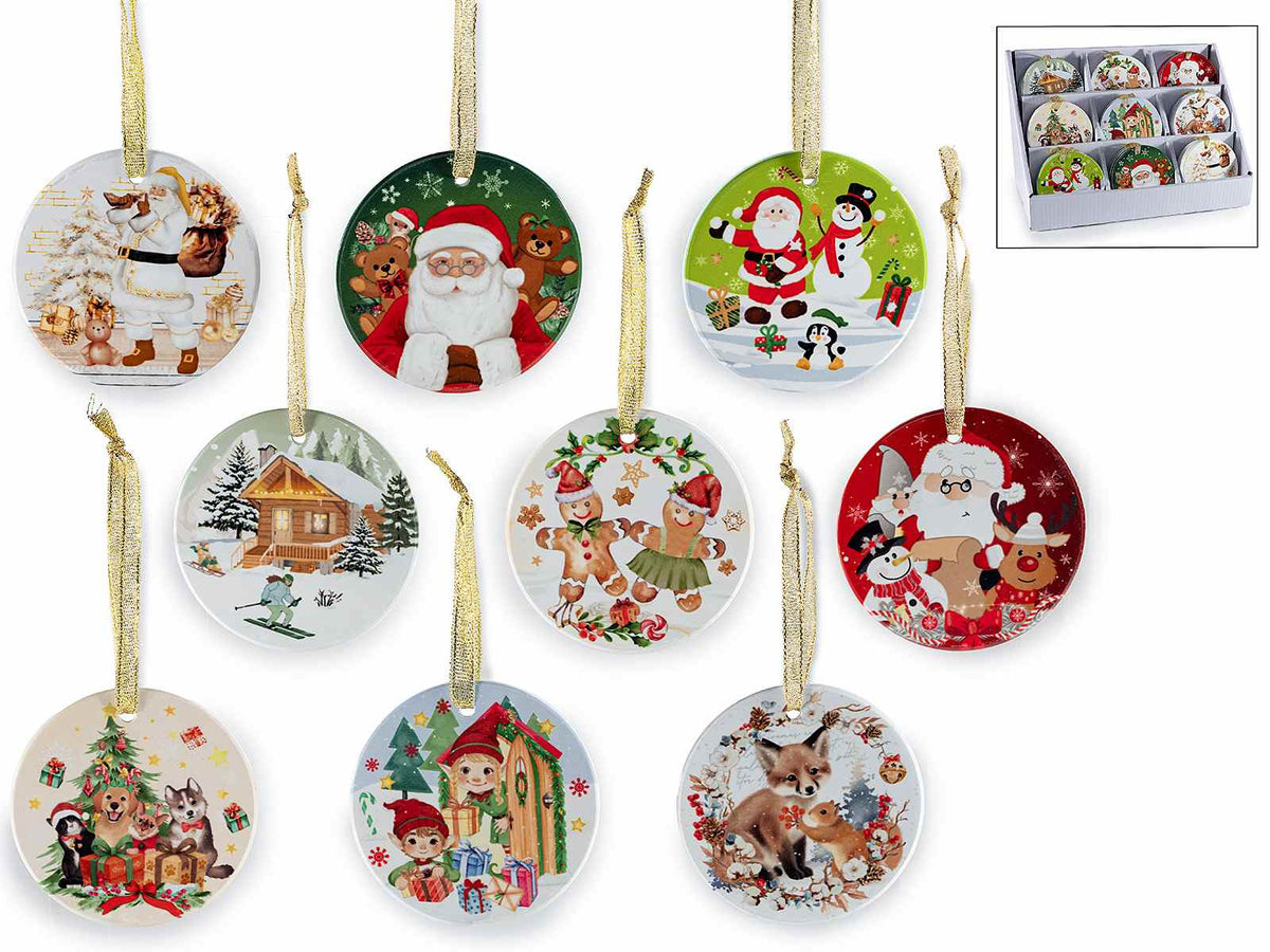 Decorazioni natalizie in ceramica lucida da appendere, in espositore da 36 pezzi, set da 36 pezzi, Ø 7,5 cm