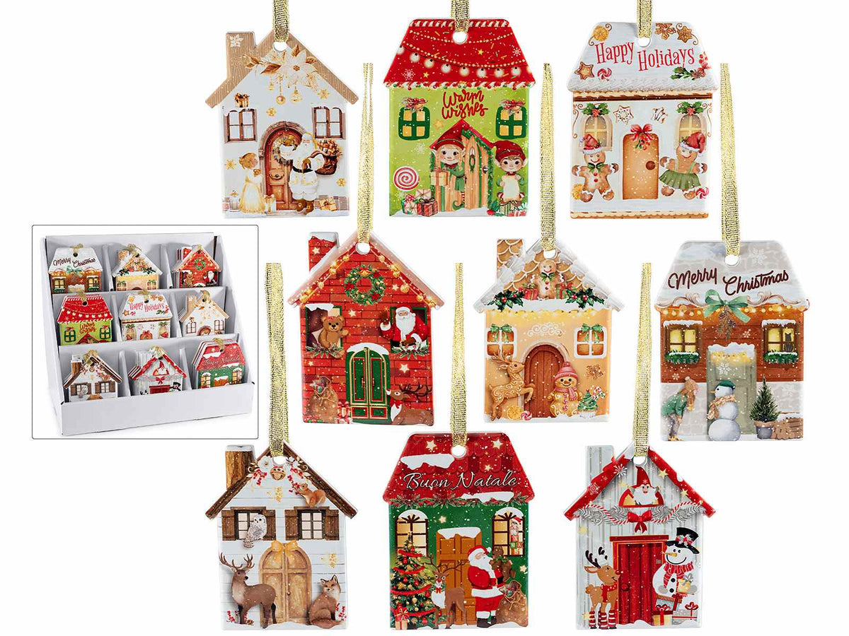 Decori natalizi in ceramica lucida a forma di casetta da appendere, set da 36 pezzi, cm 7,5 x 10 H