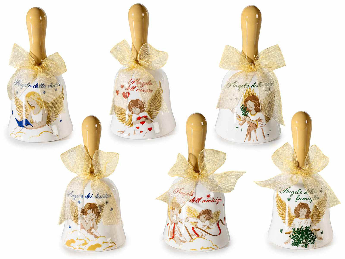 Campanelle natalizie in ceramica con angioletto, scritta e fiocco, set da 6 pezzi, Ø 5 cm x 10 H