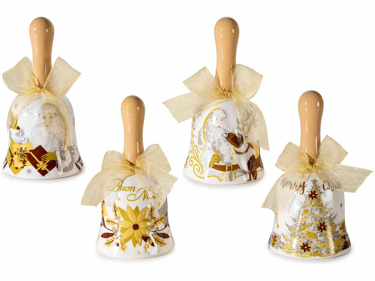 Campanelle in ceramica con decorazioni natalizie e fiocco, set da 4 pezzi, Ø 5 cm x 10 H