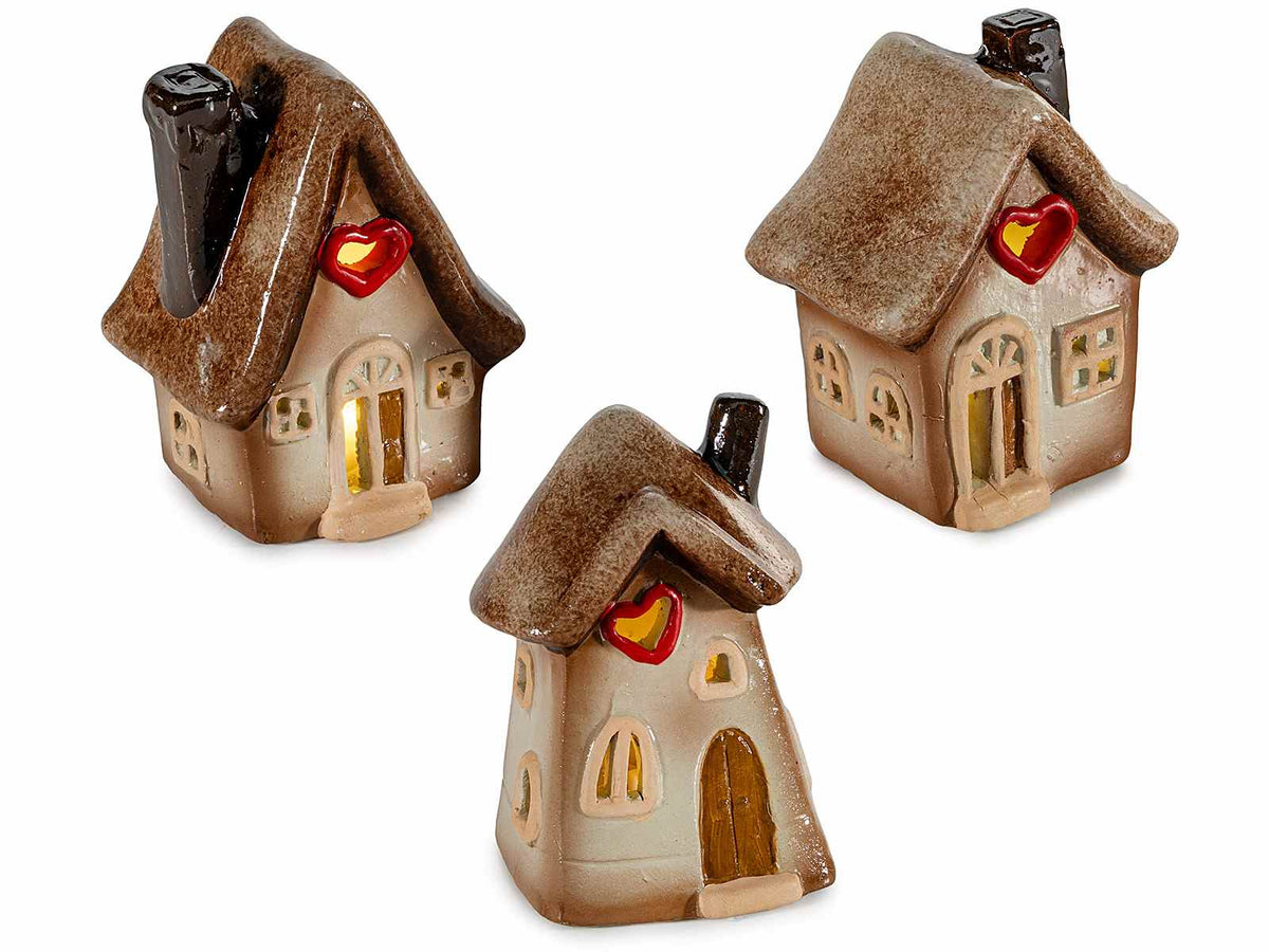 Casette decorative in ceramica con finestra a cuore e luci LED, set da 3 pezzi, cm 7,5 x 7,5 x 10,5 H