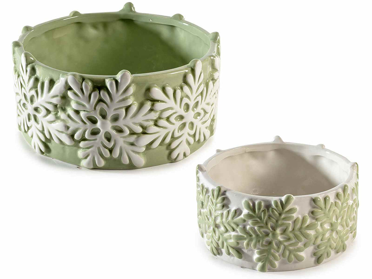 Set di 2 vasi in ceramica con fiocchi di neve in rilievo