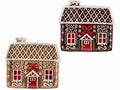 Piattini decorativi natalizi in ceramica colorata a forma di casetta pan di zenzero con decori rilievo, set da 2 pezzi, cm 21 x 19 H