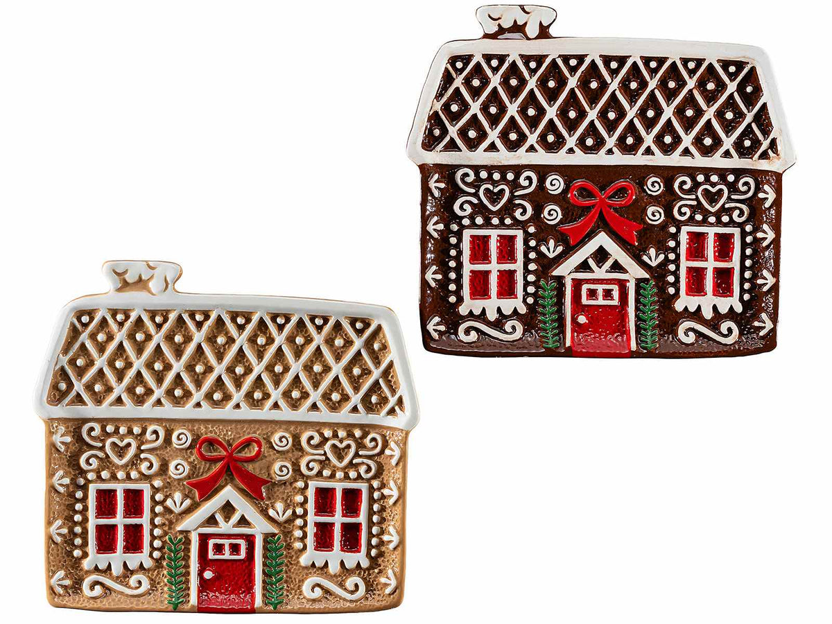 Piattini decorativi natalizi in ceramica colorata a forma di casetta pan di zenzero con decori rilievo, set da 2 pezzi, cm 21 x 19 H