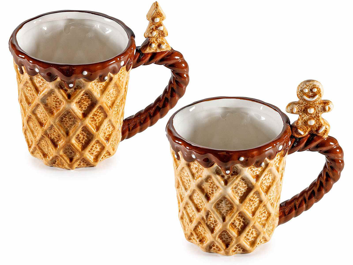 Set di 2 tazze natalizie in ceramica effetto wafer / cioccolato e omino pan di zenzero e albero su manico, Ø 10 cm x 10 H