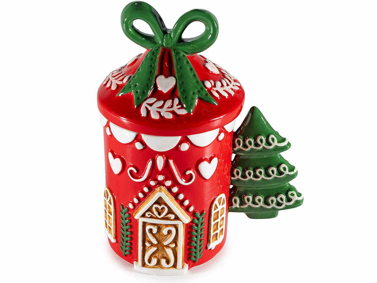 Tazze in ceramica con manico ad albero di Natale, decori a casetta in rilievo, Ø 9 cm x 10,5 H