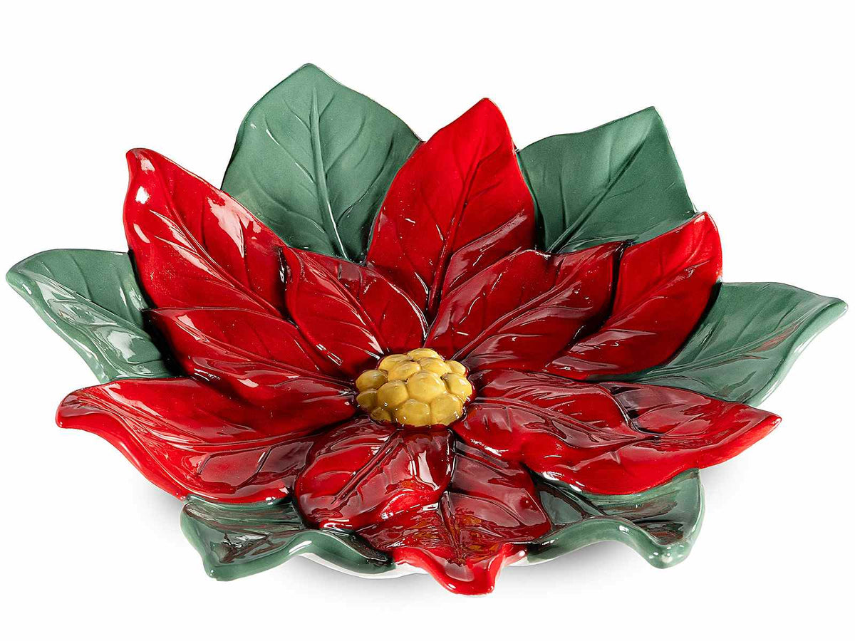 Piatti decorativi natalizi in ceramica colorata a forma di Stella di Natale, set da 2 pezzi, Ø 21 cm