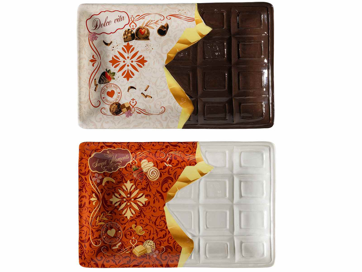 Piatti decorativi in ceramica a forma di tavoletta di cioccolato con rilievo, set da 2 pezzi