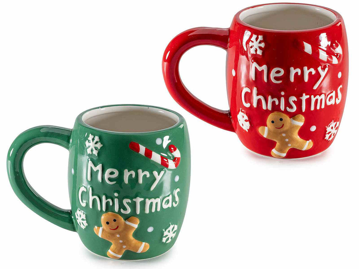 Tazze di Natale in ceramica scritta Merry Christmas e decorazione in rilievo, set da 2 pezzi