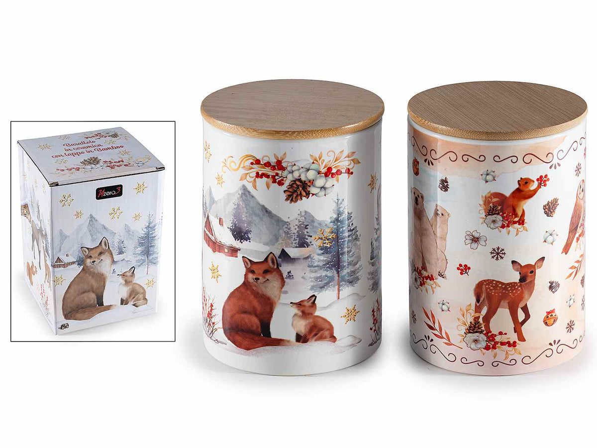 Barattoli in ceramica alimentare con stampa animaletti invernali e tappo, set da 2 pezzi, Ø 10 cm x 14,5 H