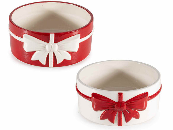 Vasi / contenitori in ceramica tondi con fiocco a contrasto in rilievo, set da 4 pezzi, Ø 14,5 cm x 6 H