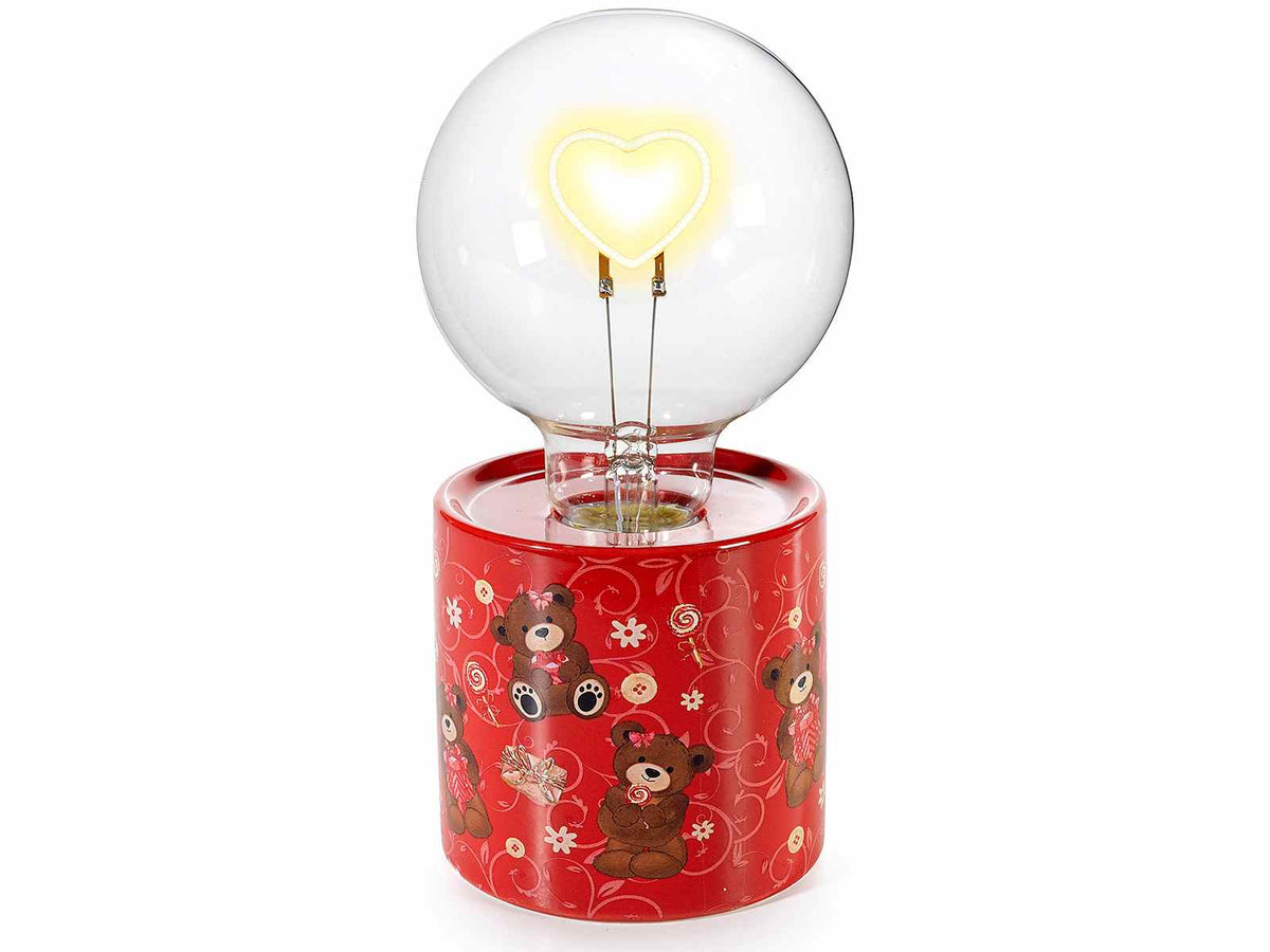 Lampade con LED a forme di cuore su base in ceramica con stampa orsetti, set da 2 pezzi, Ø 9,5 cm x 18 H