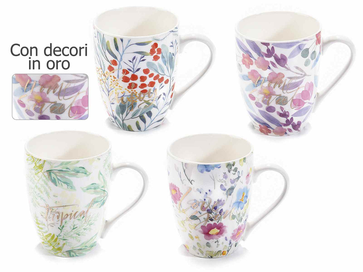 Tazze in porcellana con manico, decori floreali e scritte oro, set da 8 pezzi, Ø 8 cm x 10,5 H