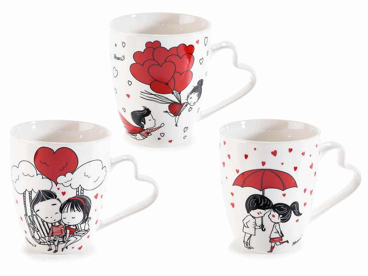 Tazze di San Valentino in porcellana da 350 ml con manico a forma di cuore, set da 6 pezzi, Ø 8 cm x 10,5 H