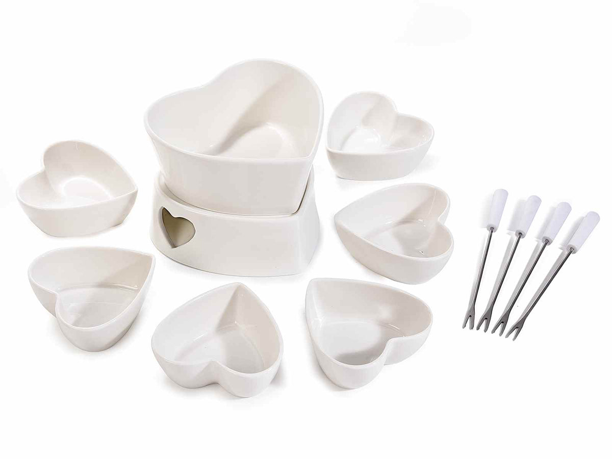 Set fonduta cioccolato a cuore con 4 forchettine in porcellana, adatto anche, Set fondue: cm 15x14x12 H